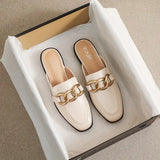 mules fashion design Flat Square Toe Chain Backless Shoes Summer outdoor and indoor office wear White black slipper