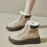 Women Snow Boots Winter Spring Warm Thick Soled Ankle Boots Solid Color lace-up Shoes for Women Height Increasing Plush