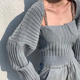 Casual Beige Knitted Women's Suit Square Collar Sleeveless Top Bishop Long Sleeve Cardigan Two Piece Set Women