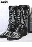 Boots Pointed Toe Mid Calf Boots Autumn Winter 2023 Vintage Style Embroidery Boots Thick Heels Comfy Walking Lady
