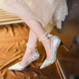 Dress Bridal Shoes Lace-up Pearl Pumps New String Bead Women Pointed Toe Thin High Heel Fashion Party