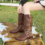 Platform Shoes for Women Buckle Square Heel Women's Knee High Boots Autumn Winter Roman Chunky Heel Ladies Goth