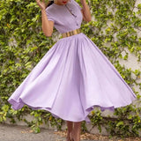 Women Spring Button A-Line Office Long Dress Summer Sexy V Neck High Waist Hem Boho Dress Short Sleeve Solid Maxi Beach