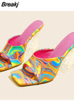 Printing Summer High Heels 2023 New Fashion Square Head Crystal High Heel Slippers Women's Sandals Outdoor