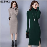 autumn winter meduim long women sweater dress split side turtleneck robe female elasticity slim bodycon knit long
