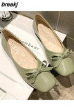 Women Bow Flats Leather Slip on Flat Shoes For Woman Shallow Single Shoes Butterfly Knot Loafers Green Ladies Boat Shoes