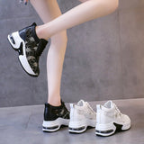 Flower Embroidered Mesh Breathable Ladies Wedge Platform Sneakers High Heels Lace-Up Shoes Comfortable Height