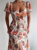 New Puff Sleeve Maxi Boho Dresses Women Sexy Low Chest V Neck Chic Dress 2022 Elegant Pattern Print Button Slit Long Party
