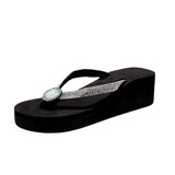 Thick Sole Sandals Summer Rhinestone Wedge Women Flip Flops Pearl Flower Platform Light Sildes Fashion Outdoor Shoes