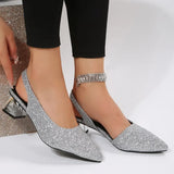Bling Gold Silver Women's Sandals 2023 Sexy Point Toe Thick Heel Party Shoes Woman Summer Slip-on Square Heeled