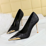 Breakj National Style Women's Shoes High Heels Silk Thin Heel Shallow Metal Pointed Head Satin Banquet High Heel Singles