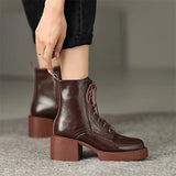 Women Genuine Leather Ankle Boots Round Toe Platform Thick High Heel Lady Zipper Lace-up Short Boot Winter Autumn