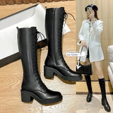 New Thicken Winter Knight Boots Women Knee High Long Square Heel Boots Retro Thick Motorcycle Boots Black White