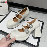 Crystal Buckle Women High Heels Mary Jane Shoes Chunky Sandals Spring New Women black Sexy Elegant Party dress
