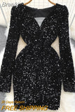 Sexy Women Sequins Glittering Mini Party Dress Elegant Mesh Patchwork V-neck Long Sleeve Slim Bodycon Club Velvet