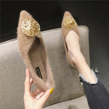 Metal Buckle Mink Fur Ballet Flats Women Pointed Toe Warm Plush Loafers Female Outdoor Winter Mules Shoes Big size