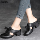 Baotou Sandals Slippers Women's Leather Outer Wear Thick Heels 2023 Summer Mid-heel Ladies Sandals Fashion Half