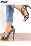 Ladies Mujer Sandalias Women's Pumps Snakeskin Snake High Heels Cross Sandals Office &amp; Career Shoes Women