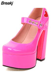 Pumps Round Toe Chunky Block Heel Ankle Strap With Heart 2023 Spring Brand New High Heels Mary Janes Women