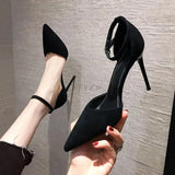 Spring and Summer New Black High-heeled Sandals French Girl Pointed Toe Stiletto Buckle All-match Women's Single