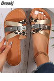 Slippers Shoes For Women Casual Snake Pattern Slides Roman Flat Plus Size Peep Toe Comfortable Retro Female Footwear