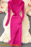 Sexy V-neck Short-sleeved Knit Bodycon Dress Women Casual Summer Slim Elastic High Split Mid-calf Ribbed Long Dress