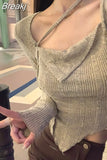 Autumn Elegant Knitted Sweater Women Long Sleeve Y2k Crop Tops Korean Style Short Pullover Pure Color Fashion Blouse