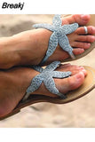 Beaded Gold Slippers Women Summer Beach Sandals Outdoor Cute Starfish Sandals Ladies Flip Flops Plus Size 43