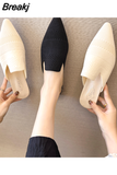 Women Yellow Black Knitted Slides Mules New Elegant Mesh Breathable Med Heel Slippers Closed Toe Slides Party