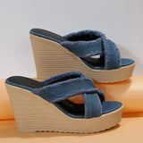 Strap High Wedge Slippers Women Summer 2023 Blue Denim Chunky Platform Sandals Woman Non Slip Thick Sole Slides Flip