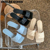Square Toe Slippers Women Peep Toe Med Heel 4cm Slides Summer Shoe Women Embroidery Mule Massage Outsole Slipper Size