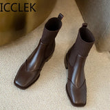 Autumn New Square Toe Women Ankle Boots Chunky 6cm High Heel Elastic Boot Female Slim Fit Sock Boots Fashion Botas
