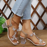 Women Sandals Pvc Crystal Flower Decoration Chunky Heel Peep Toe Back Strap Elastic Band Elegant Fashion Shoes