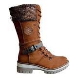 Women Winter Buckle Lace Knitted Mid-calf Boots Low Heel Round Toe Boots Top Quality Winter Warm Boots Women Botas De
