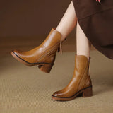 Women's Boots Autumn Leather Short Boots for Women Round Toe Chunky Heel Retro Brown Female Zipper Ankle Boots Botas