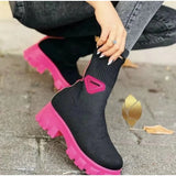 Knitting Boots Women's 202243 Large Size Thick Heel Solid Color Mid-tube Warm Elastic Flying Knitting Boots