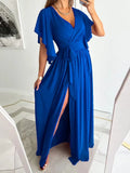 2022 Elegant Solid Flared Sleeve High Waist Long Dress Solid Color V-Neck Office Laddy Dress Summer Sexy Split Drape Dress