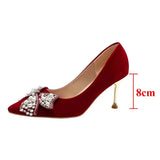 Sexy Red Velvet Wedding Shoes for Women 2023 Luxury Pearl Bowknot Pointed Toe Pumps Woman Stiletto High Heels Dress