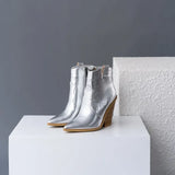 Gold Snake Print Ankle Boots For Women Wedge High Heels Boots Woman Runway Design Chunky Heels Botas Mujer Western
