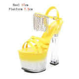 2023 New Platform Sandals Women Summer Sexy Square Heel Cross Belt High Heels 17cm Bling Ladies Strip Pole Dance