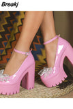 Platform Chunky Heeled Ankle Strap Pumps Sweet Woman Wedding Shoes 2023 Spring Summer Fall Office Lady Comfy