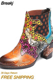 Splicing Printed Ankle Boots for Women Shoes Female PU Leather Retro Block High Heels Bohemian Ladies Winter Short