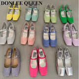 New Spring Summer Shoes Women Flat Heels Square Toe Mary Jane Ballet Flats Rainbow Candy Color Ballerina Soft Casual