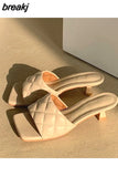 Square Toe Slippers Women Peep Toe Med Heel 4cm Slides Summer Shoe Women Embroidery Mule Massage Outsole Slipper Size