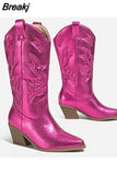 Vintage Style Western Boots For Women 2023 New Arrived Embroidery Mid Calf Boots Pointed Toe Autumn Winter Ladies