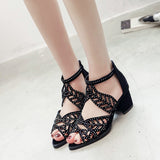 Spring And Summer Korean Version Of The Heel Fish Mouth Hollow Sandals Women Zipper Thick Heel Rhinestone Women's Shoes Plus