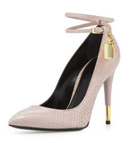 Lock High Heel Pointed Toe Pump Ankle Strap Metal Heels Padlock Pumps Low Cut-out Patchwrok Banquet Dress Shoes Plus