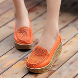 Leather Wedge Platform Shoes Ladies Slip On Crystal Flat Shoes High Heel 7cm Thick Sole Shallow Flats Casual