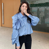 Casual Blue Striped Shirts For Women Lapel Long Sleeve Korean Bowknot Patchwork Blouses Female 2021 Spring