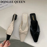 Women Slippers 2023 French Gentle Pleated Lazy Mule Drag Square Toe Flat Heels Brand Sandals Casual Slides Summer Shoes